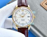Swiss Super Copy Omega Seamaster Men White Face Brown Leather Strap Watch 41mm